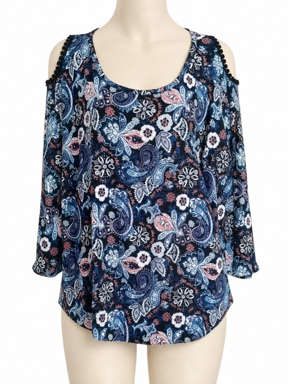 NWT Suddenly Famous Cold Shoulder Paisley Floral Top 3/4 Sleeve stretch Large
